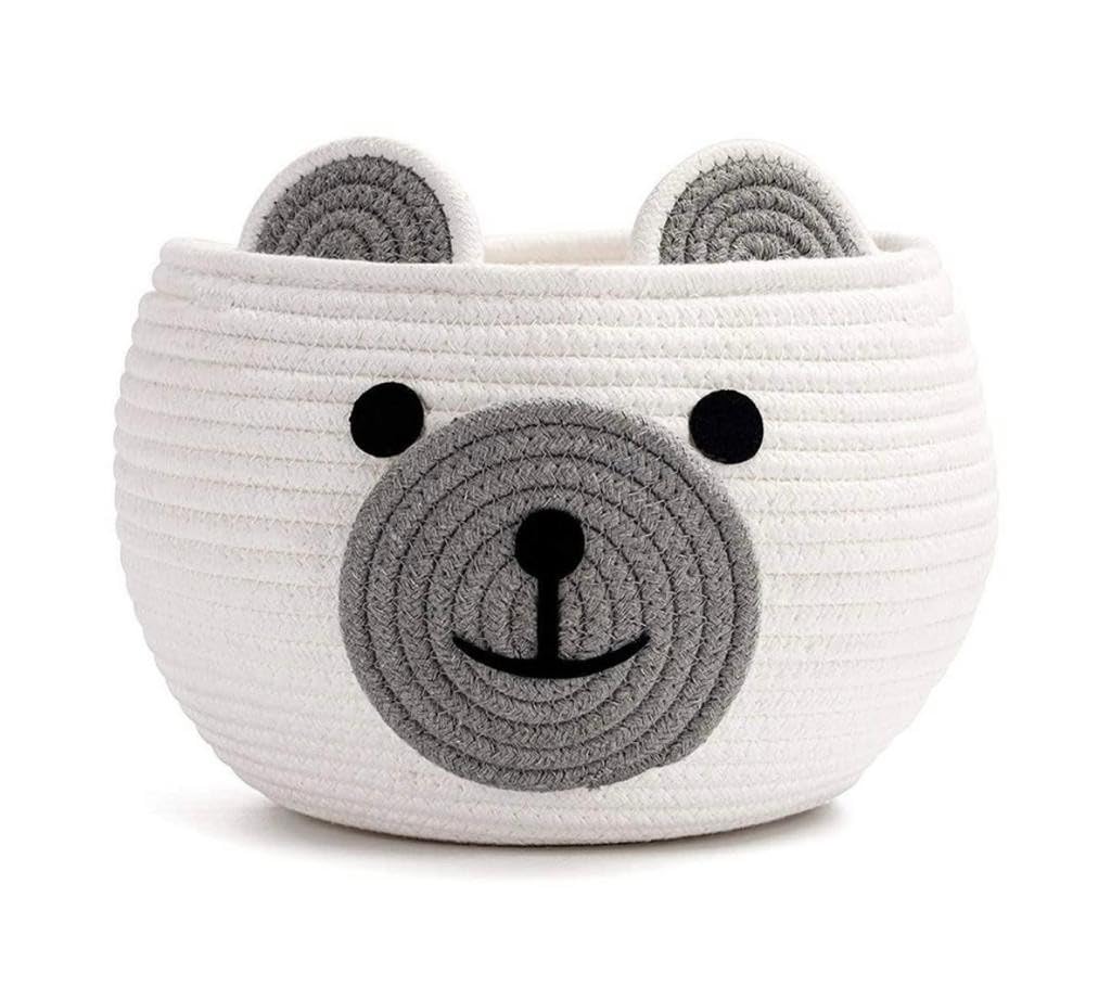 White & Grey Cotton Rope Bear Face Matka Storage Basket