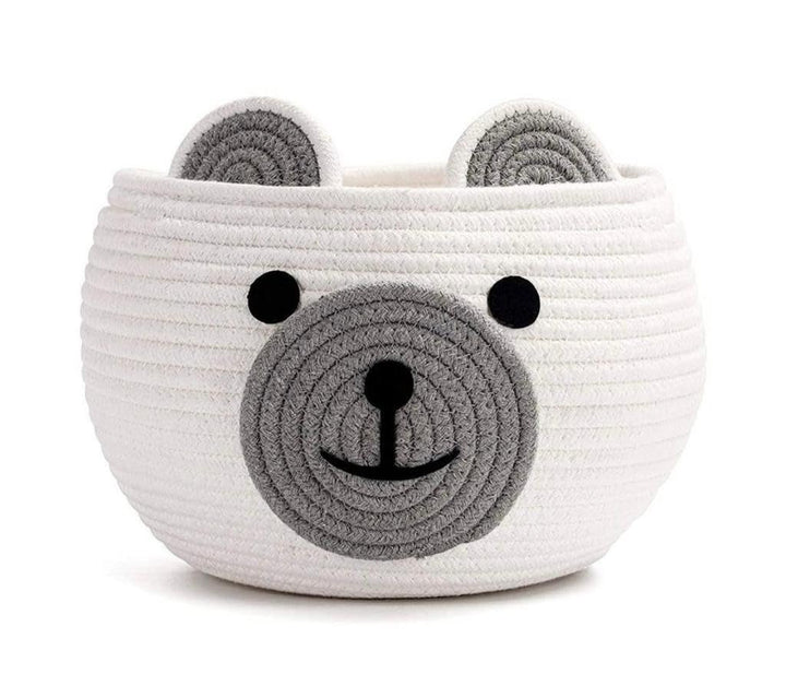 White & Grey Cotton Rope Bear Face Matka Storage Basket